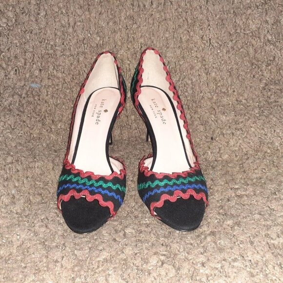 KATE SPADE-Saranne-d'Orsay Peep Toe-Black w/Red Green Blue Rick Rack-Sz 5.5-NM - Picture 3 of 7
